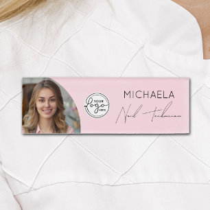 Blush Pink Script Logo Photo Nail Technician Name Tag