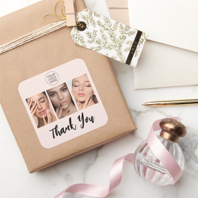 Blush Pink Script Logo Photo Nails Thank You Square Sticker (Gifting)