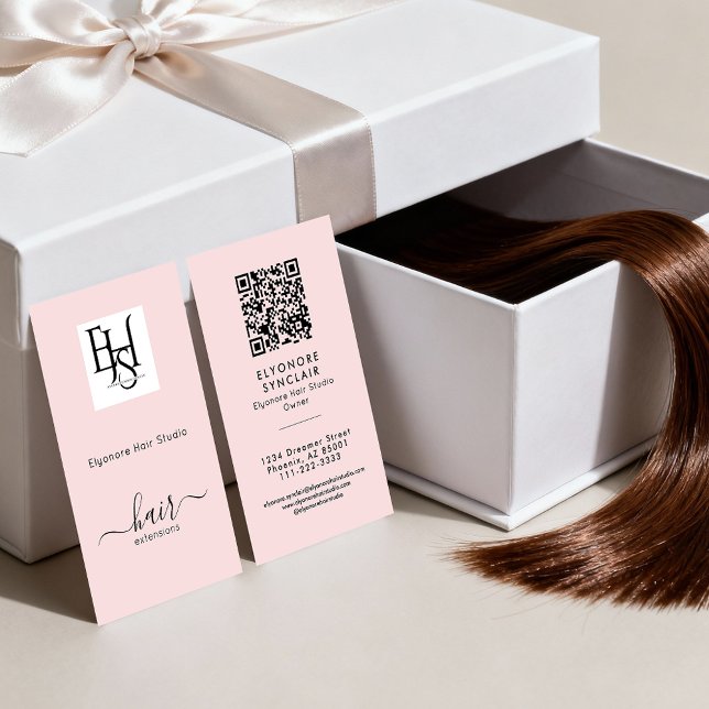 Blush Pink Script Logo QR Code Hair Extension Business Card (Creator Uploaded)