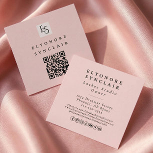 Blush Pink Script Logo QR Code Lashes Square Business Card