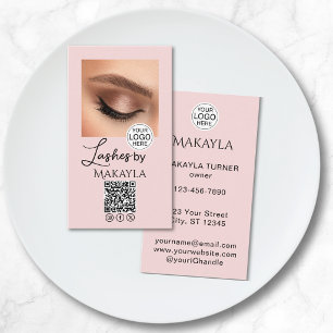Blush Pink Script Logo QR Code Photo Lashes Business Card