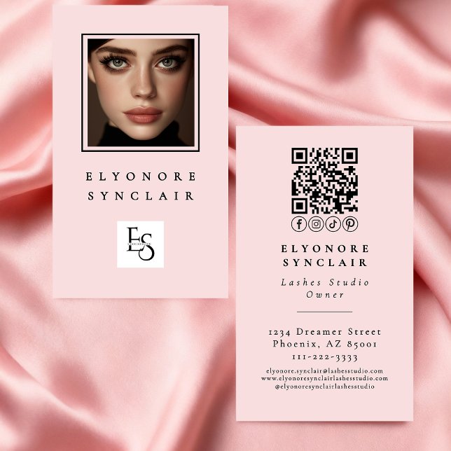 Blush Pink Script Logo QR Code Photo Lashes Business Card (Creator Uploaded)