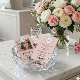 Blush Pink Script Logo QR Code Photo Lashes Business Card