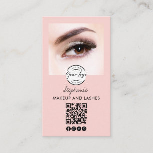 Blush Pink Script Logo QR Code Photo Lashes Studio Business Card
