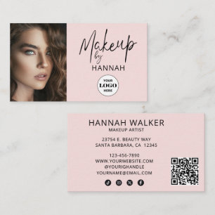 Blush Pink Script Logo QR Code Photo Makeup Business Card