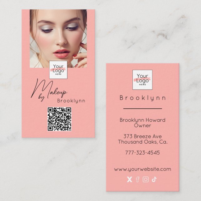 Blush Pink Script Logo QR Code Photo Makeup Business Card (Front/Back)