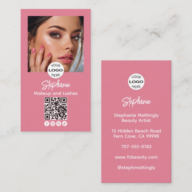 Blush Pink Script Logo QR Code Photo Makeup Business Card (Front/Back)