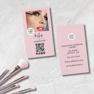 Blush Pink Script Logo QR Code Photo Makeup Business Card
