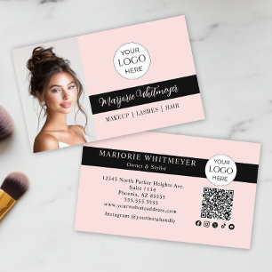 Blush Pink Script Logo QR Code Photo Makeup Business Card