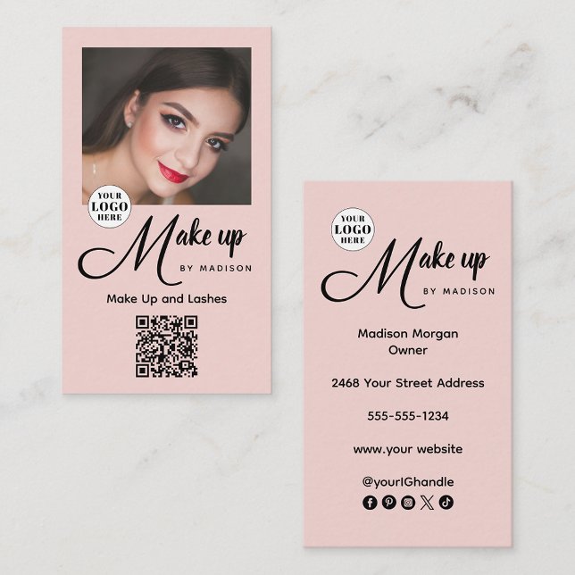 Blush Pink Script Logo QR Code Photo Makeup Business Card (Creator Uploaded)
