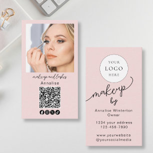 Blush Pink Script Logo QR Code Photo Makeup Business Card