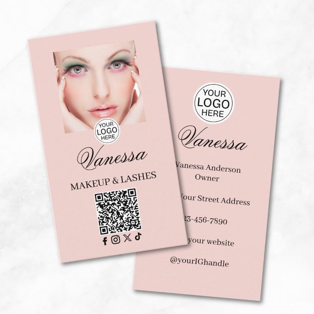 Blush Pink Script Logo QR Code Photo Makeup  Business Card (Creator Uploaded)