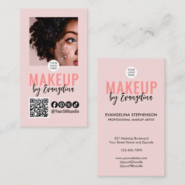 Blush Pink Script Logo QR Code Photo Makeup Business Card (Front/Back)