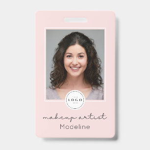 Blush Pink Script Logo QR Code Photo Makeup ID Badge