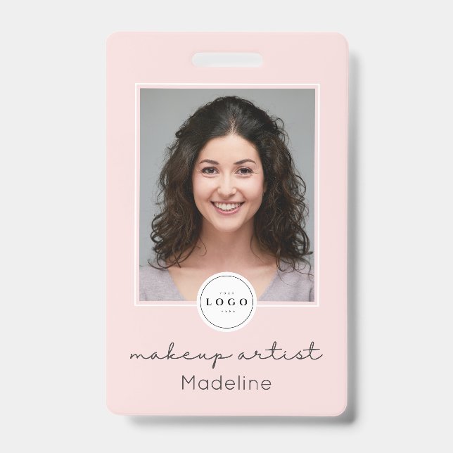 Blush Pink Script Logo QR Code Photo Makeup ID Badge (Front)