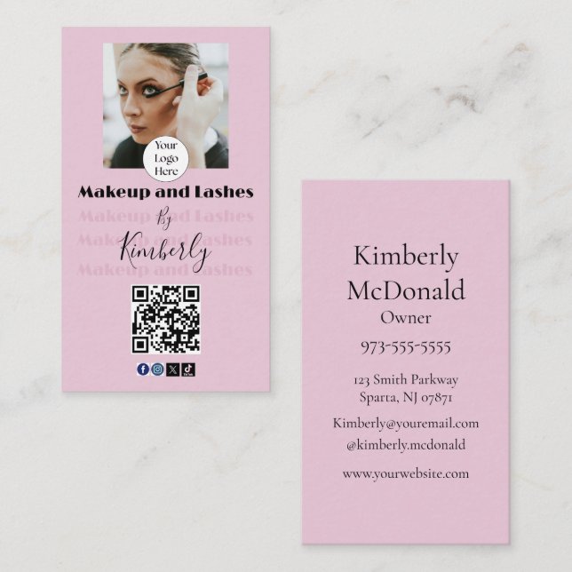 Blush Pink Script Logo QR Code Photo Makeup/Lashes Business Card (Front/Back)