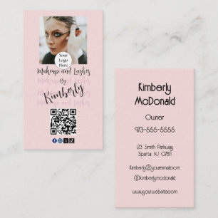 Blush Pink Script Logo QR Code Photo Makeup/Lashes Business Card