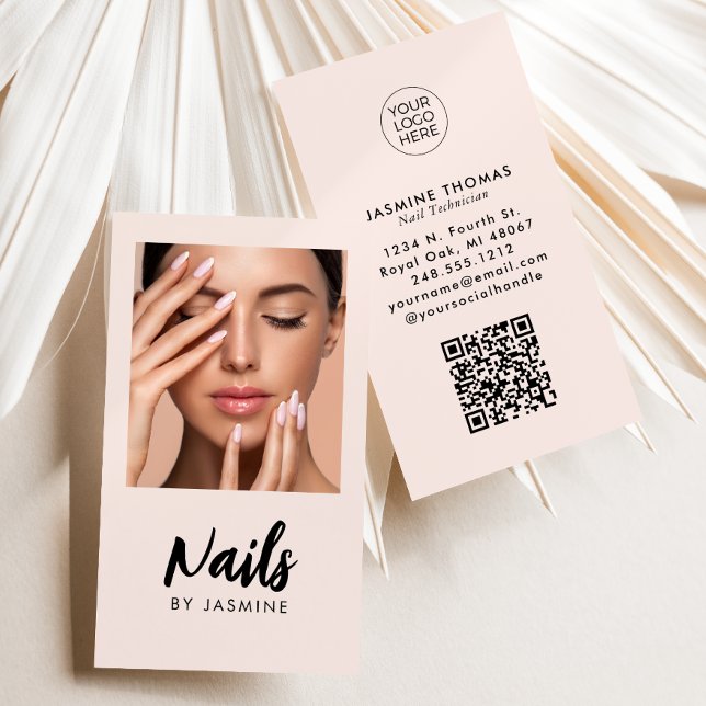 Blush Pink Script Logo QR Code Photo Nail Salon Business Card (Creator Uploaded)