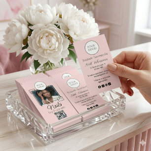 Blush Pink Script Logo QR Photo Nail Tech Business Card