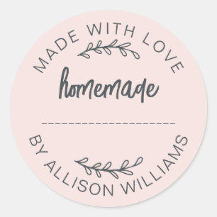 Blush Pink Script Made With Love Homemade Food Jar Classic Round Sticker