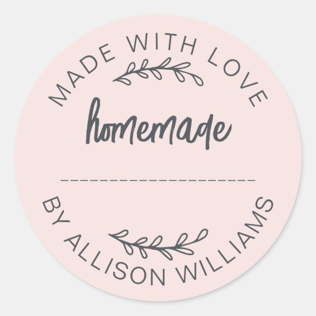 Blush Pink Script Made With Love Homemade Food Jar Classic Round Sticker (Front)