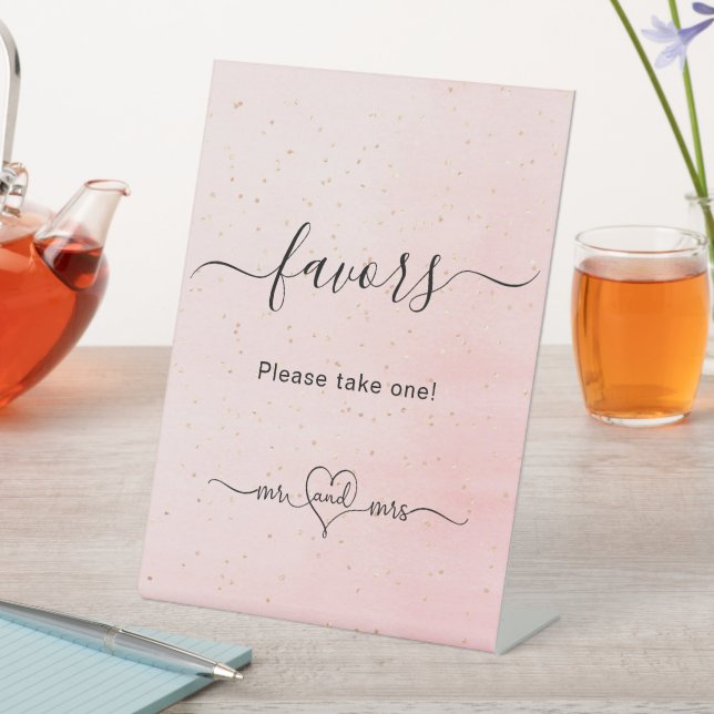 Blush pink script mr mrs wedding favours pedestal sign (In SItu)