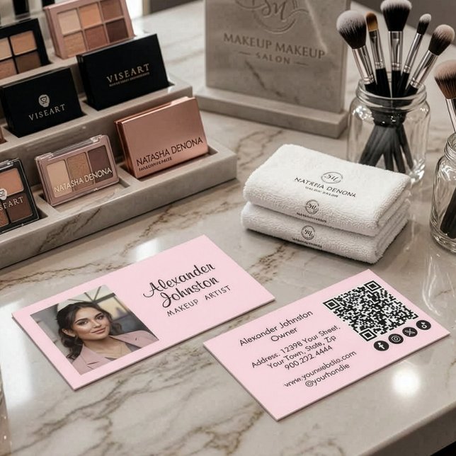 Blush Pink Script ocial Icon QR Code Photo Makeup Business Card (Pink Black Script Makup QR Photo Business Card)