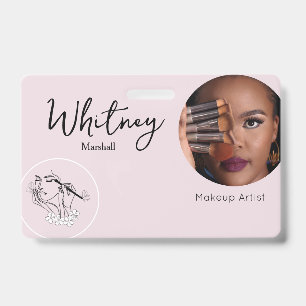 Blush Pink Script Photo Logo Makeup Artist Name  ID Badge