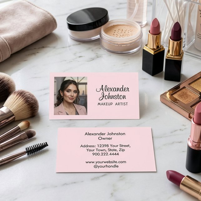 Blush Pink Script Photo Makeup Artist Chic Business Card (Blush Pink Black Script Photo Makeup Bussiness Card)