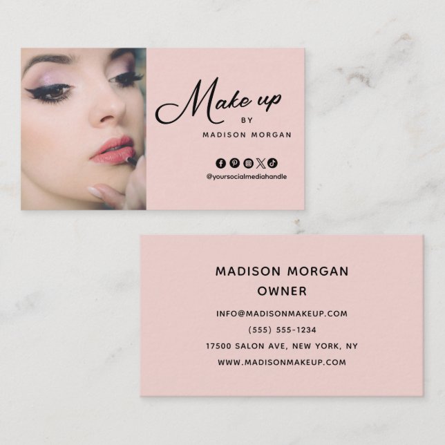 Blush Pink Script Photo Makeup Business Card (Front/Back)