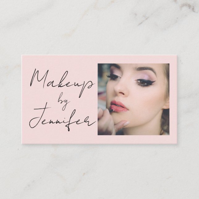 Blush Pink Script Photo Makeup Business Card (Front)