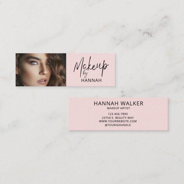 Blush Pink Script Photo Makeup Mini Business Card (Front/Back)