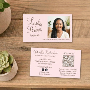 Blush Pink Script Photo QR Code Lashes and Brows Business Card