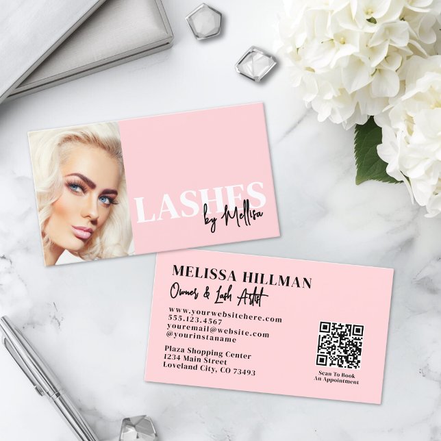 Blush Pink Script QR Code Photo Lashes Business Card (Blush Pink Script QR Code Photo Lashes Business Card)