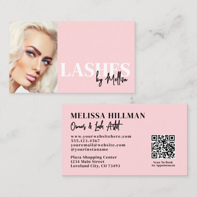 Blush Pink Script QR Code Photo Lashes Business Card (Front/Back)