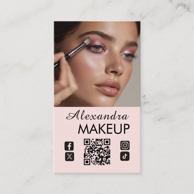 Blush Pink Script QR Code Photo Makeup Business Card (Front)