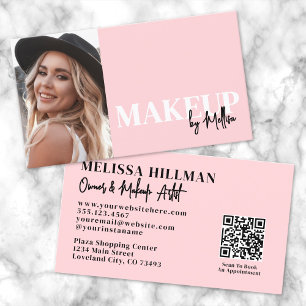 Blush Pink Script QR Code Photo Makeup Business Card