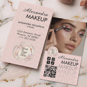 Blush Pink Script QR Code Photo Makeup Business Card
