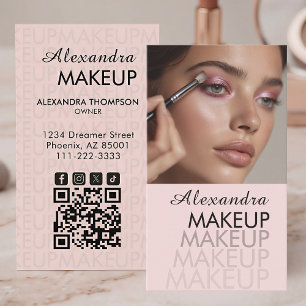Blush Pink Script QR Code Photo Makeup Business Card