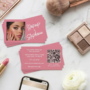 Blush Pink Script QR Code Photo Makeup Business Card