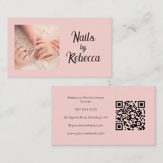 Blush Pink Script QR Code Photo Nail Technician Business Card (Front/Back)