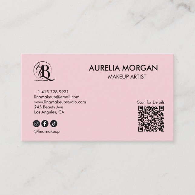 Blush Pink Script Social Icon QR Code 3 Photo  Business Card (Front)