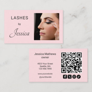 Blush Pink Script Social Icon QR Code Photo Lashes Business Card