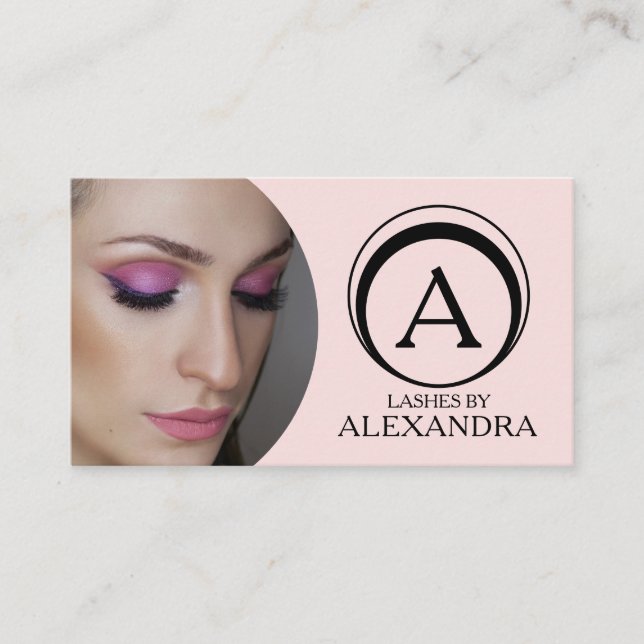 Blush Pink Script Social Icon QR Code Photo Lashes Business Card (Front)