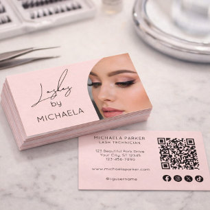 Blush Pink Script Social Icon QR Code Photo Lashes Business Card