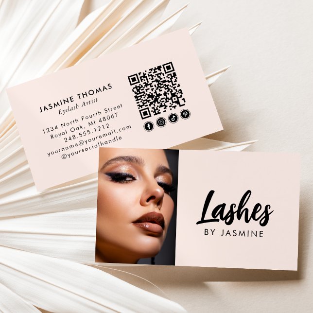 Blush Pink Script Social Icon QR Code Photo Lashes Business Card (Creator Uploaded)