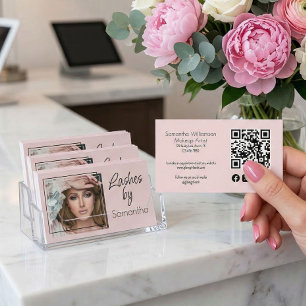 Blush Pink Script Social Icon QR Code Photo Lashes Business Card
