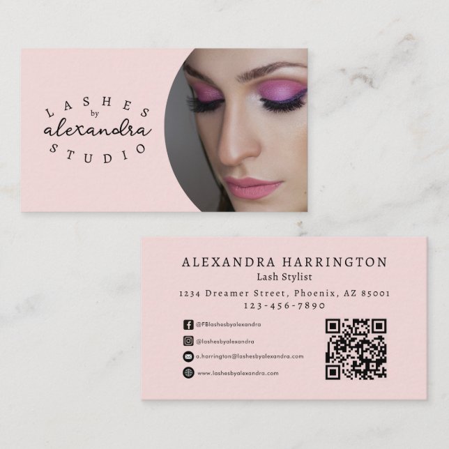 Blush Pink Script Social Icon QR Code Photo Lashes Business Card (Front/Back)