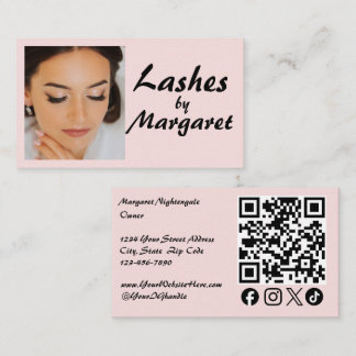 Blush Pink Script Social Icon QR Code Photo Lashes Business Card