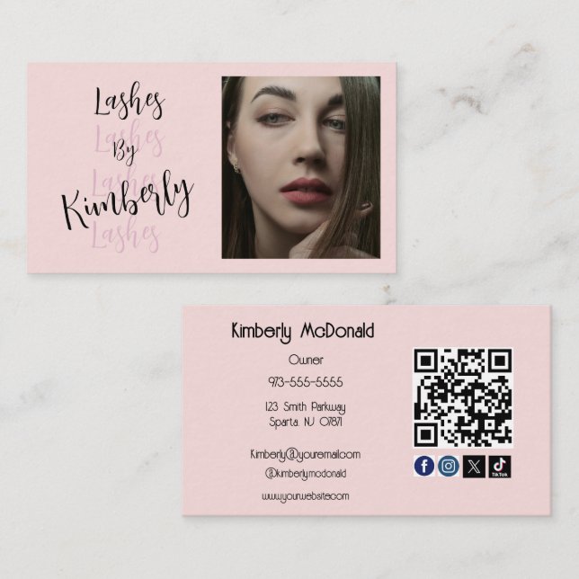 Blush Pink Script Social Icon QR Code Photo Lashes Business Card (Front/Back)